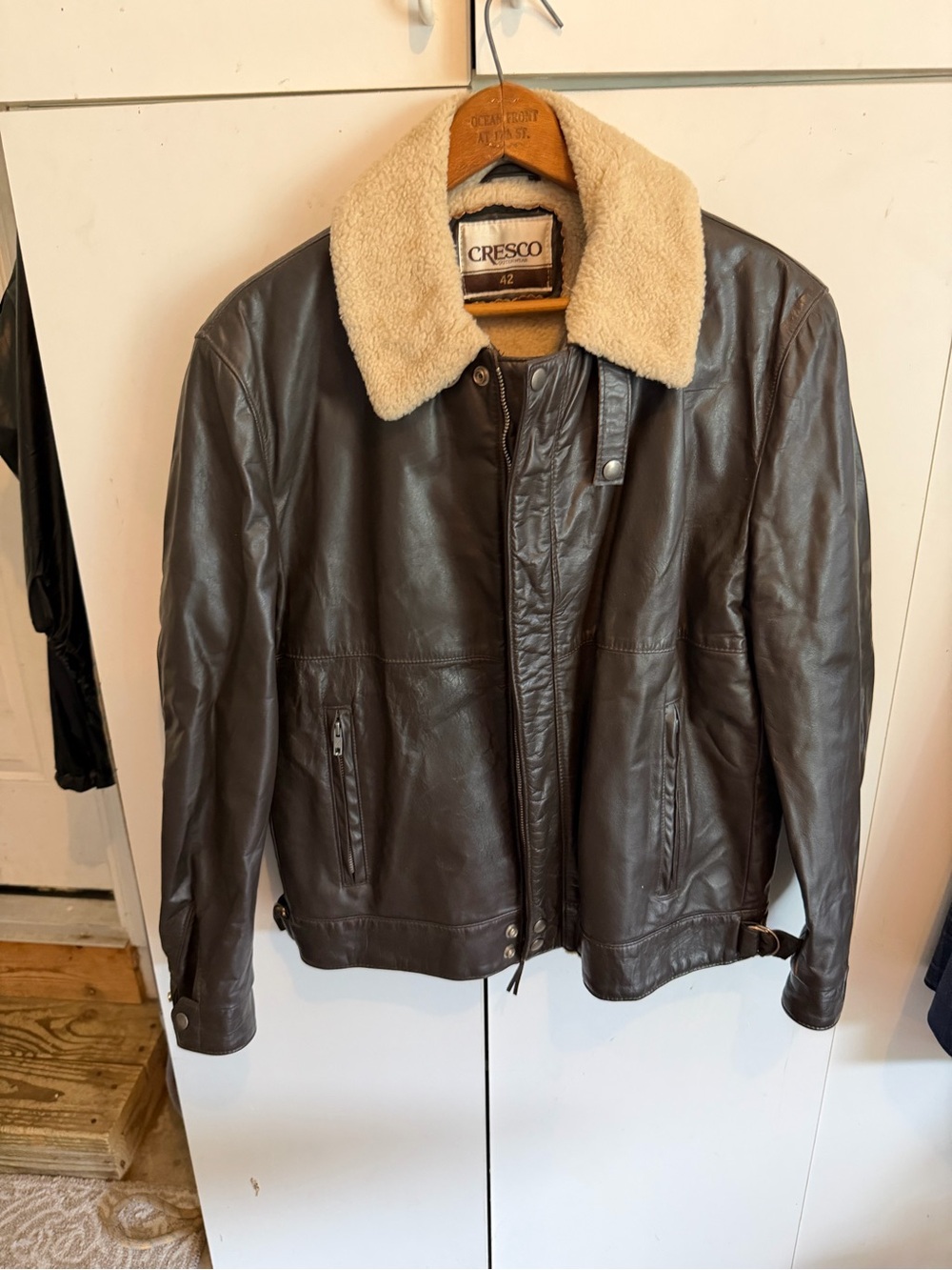Cresco Men's Brown Leather Bomber Jacket with Sherpa Collar size 42